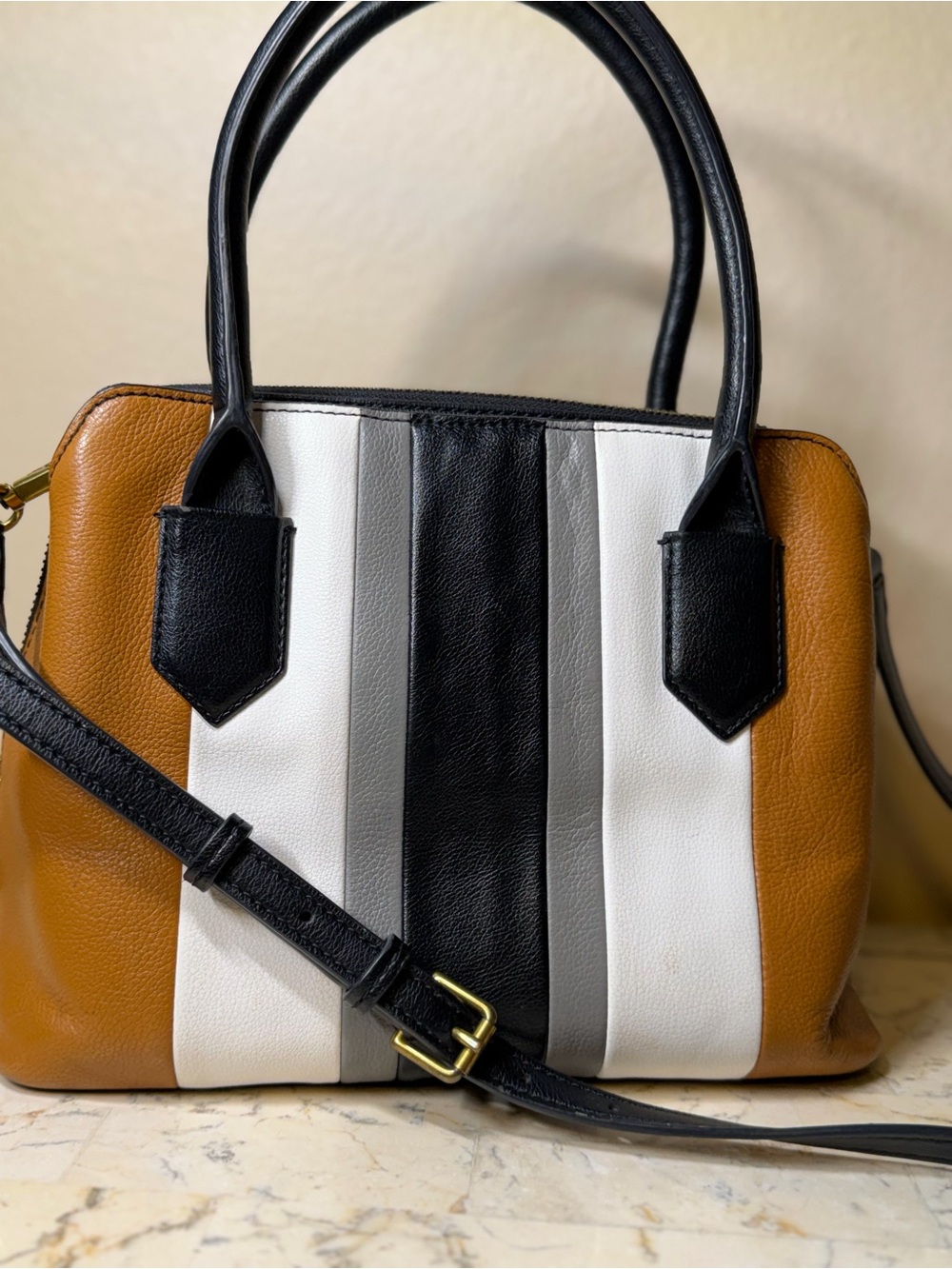 Vintage Fossil Striped Leather Satchel - Picture 5 of 15